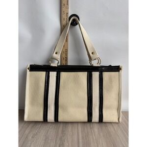 Vintage Tote Bag Canvas Cream Black Stripe Structured Japan Made Preppy Boat Bag